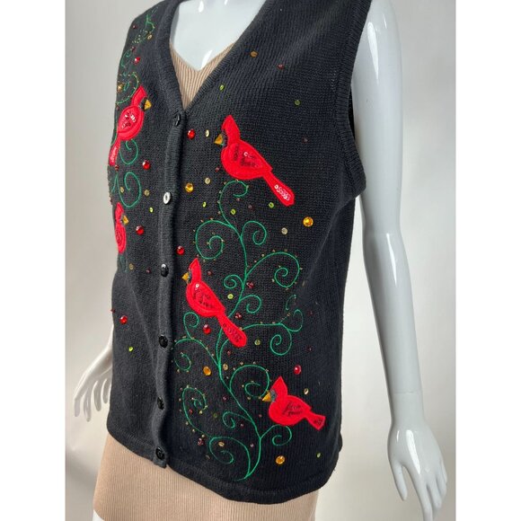 Kim Rogers Womens Festive Cardinal Embroidered Sweater Vest Black Size L - Picture 4 of 16